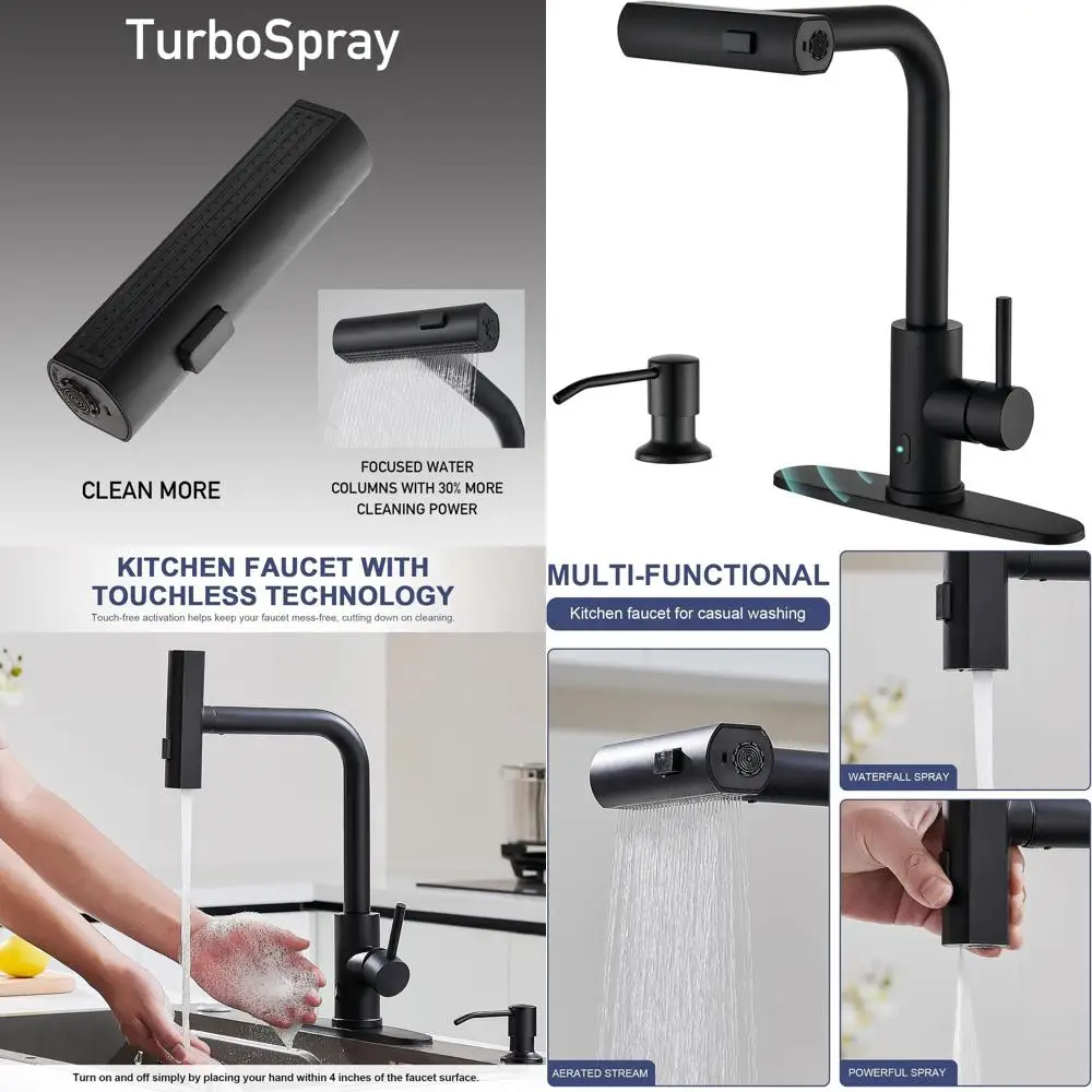 

Touchless Matte Black Kitchen Faucet with Pull-Down Spray & Soap Dispenser, Single Hole, Waterfall Style, Ideal for Farmhouse, C