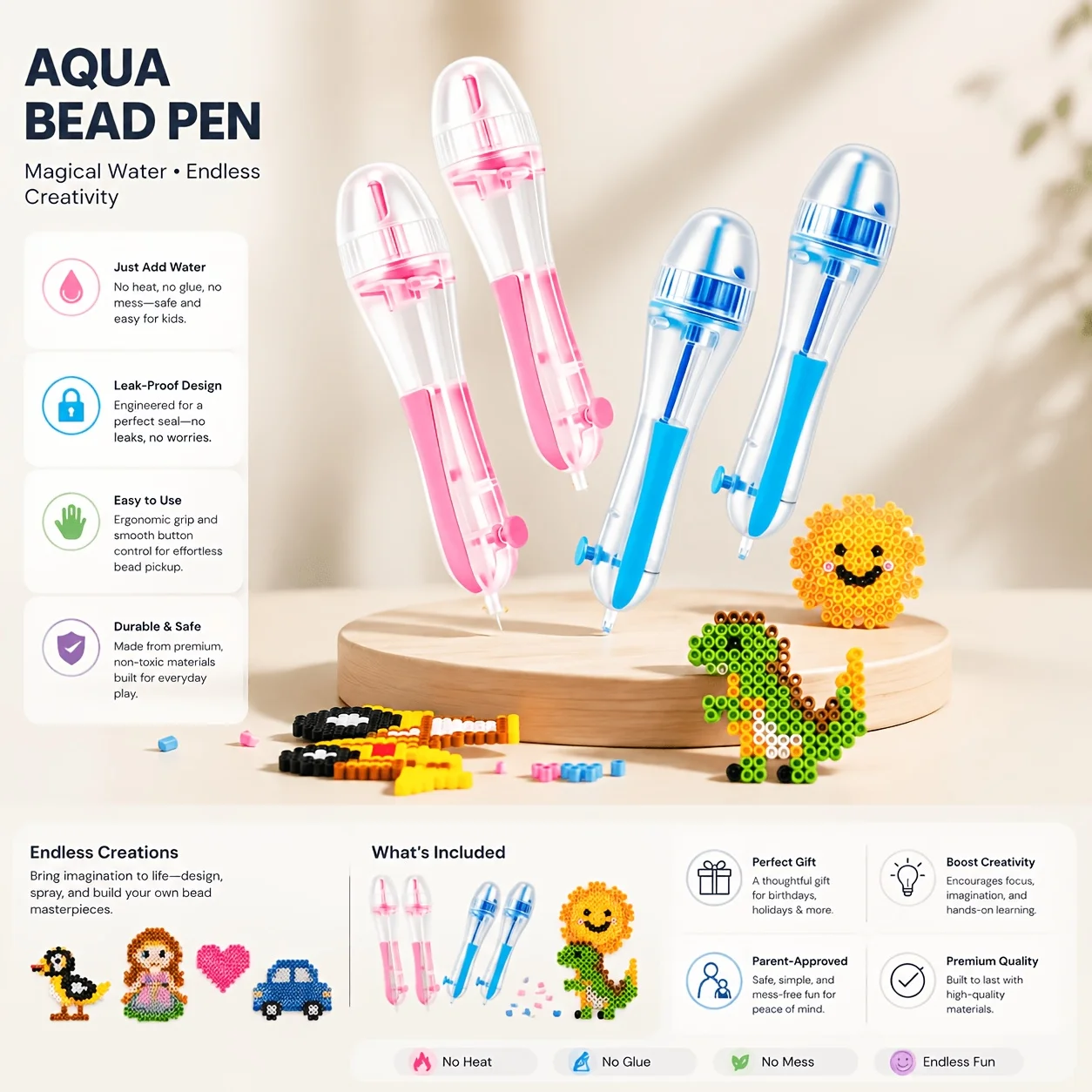 4-Piece 2.6mm Automatic Bead Dispenser Pen Set Continuous-Dispensing Craft Tool with Transparent Storage Chamber for DIY Beading