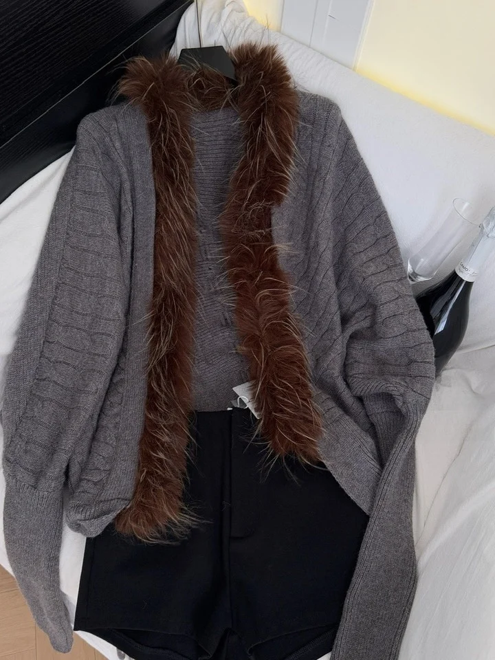 

Lu Long Sve Knitted Sweater Women's Loose Slimming Patchwork Cardigan Top Polyester Fiber 00% Open Cardigan Sle