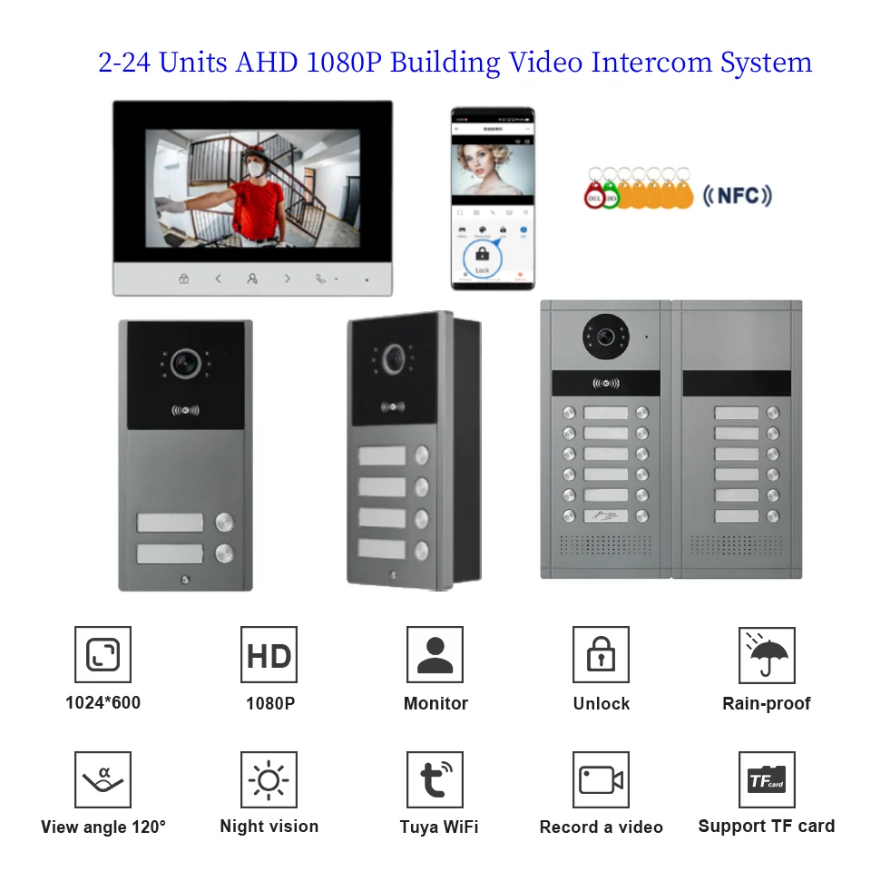 

Tuya WIFI Home Video Intercom For 2-24 Units Apartments Residential RFID NFC Unlock Building Video Door Phone Doorbell System