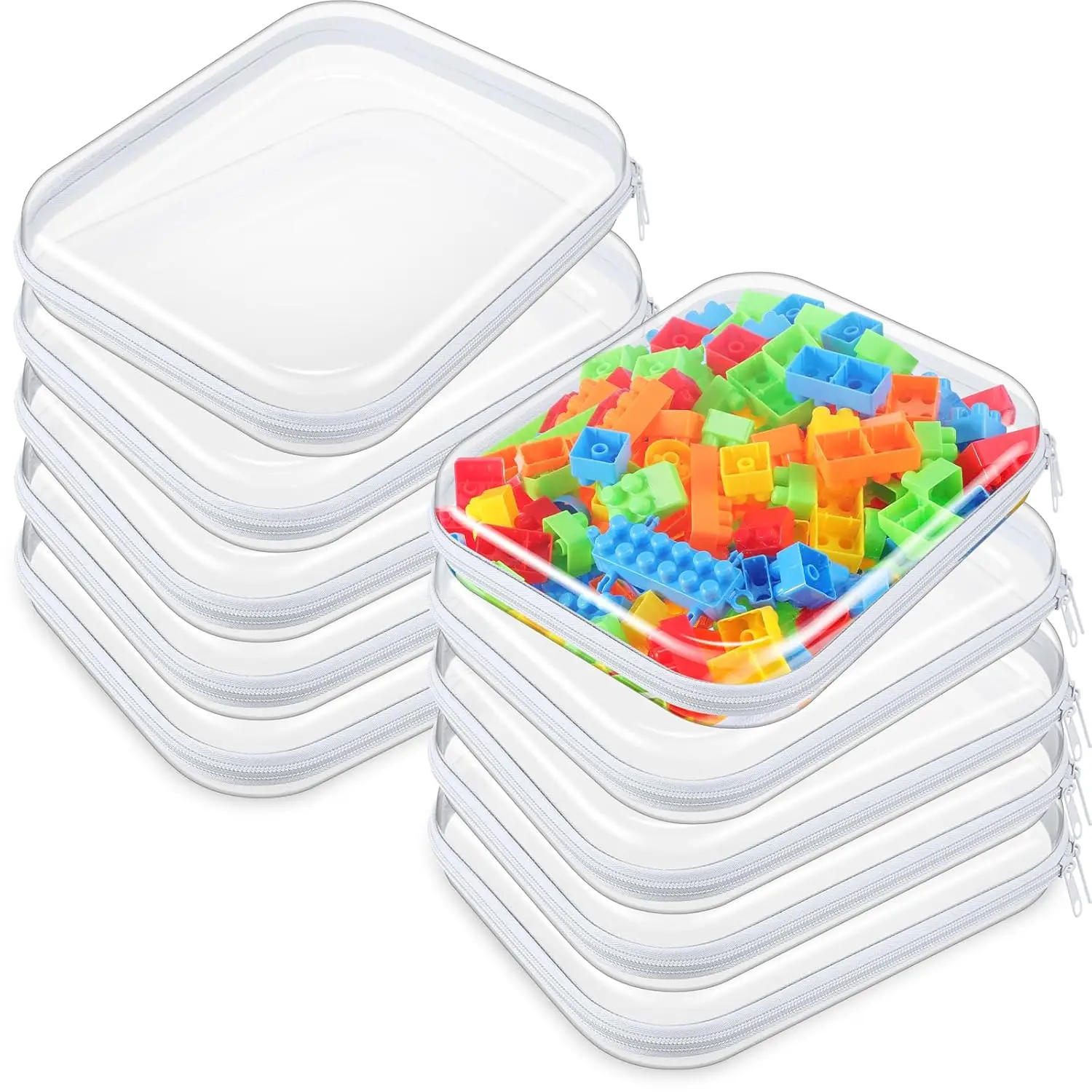 

10 Pack Clear Hard Zipper Cases for Travel, Office, and Toy Storage, Plastic Pencil Box Organizer with Labels