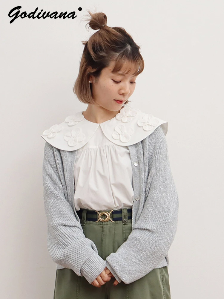 Japanese Style Female Three-dimensional Flower Bubble Sleeve White Shirt Top Spring and Autumn Sweet Loose Blouse Blusas