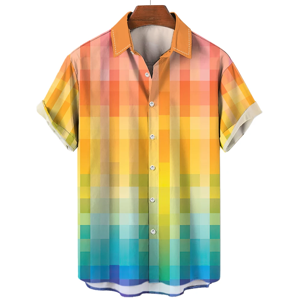 Hawaiian Rainbow Colorful Plaid Shirt For Man Oversized 3d Fashion Causal Short Sleeve Simple Button Beach Clothing Summer