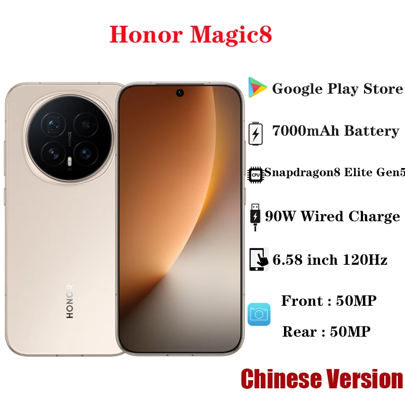 كاميرا Honor Magic 8 Snapdragon 8 Elite Gen5 الأصلية بشاشة 6.58 بوصة OLED 120 هرتز 7000 مللي أمبير في الساعة 90 وات شحن فائق 80 وات كاميرا لاسلكية 50 ميجابكسل