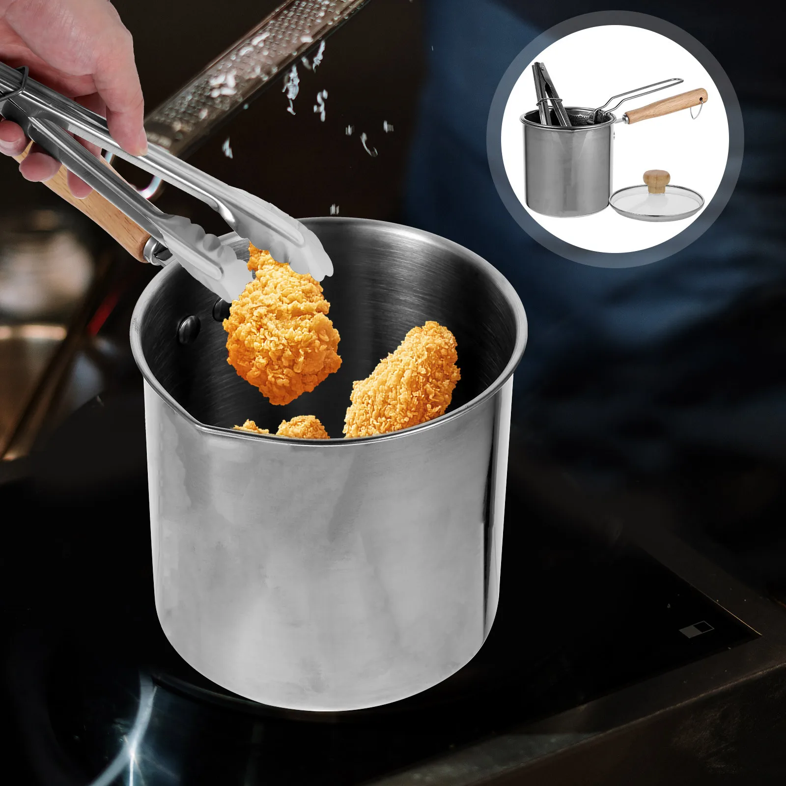 

1 Set Stainless Steel Deep Fryer Pot With Tong Household Kitchen Cookware Fry Pan For Oil Frying Food Cooking Pot Deepen Milk