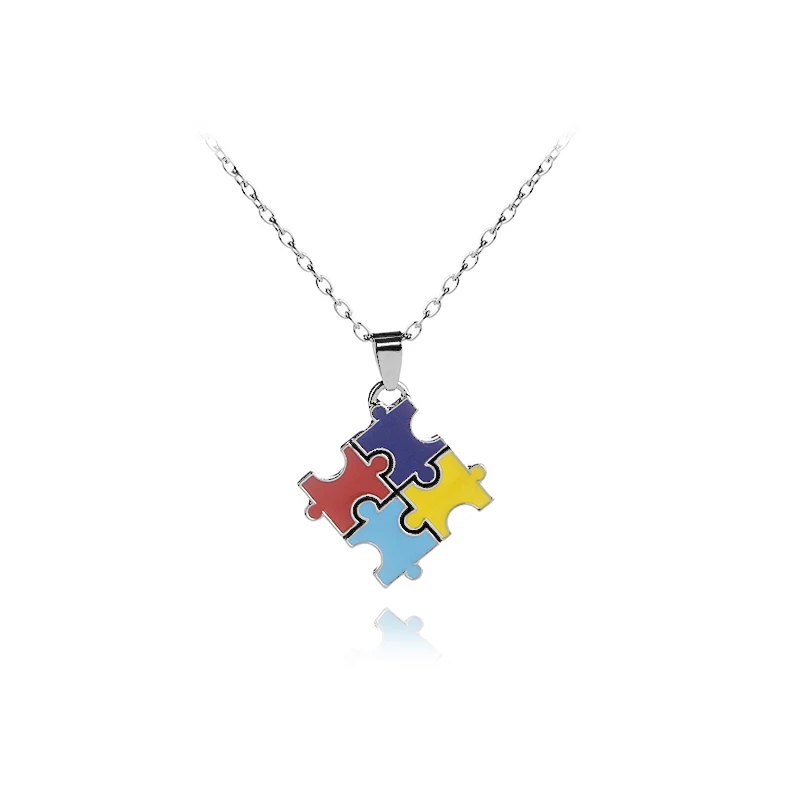 Simple Splice Mosaic Women Jigsaw Pendant Red Yellow Blue Purple Colorful Enamel Puzzle Necklaces For Friend 4 Hearts Together