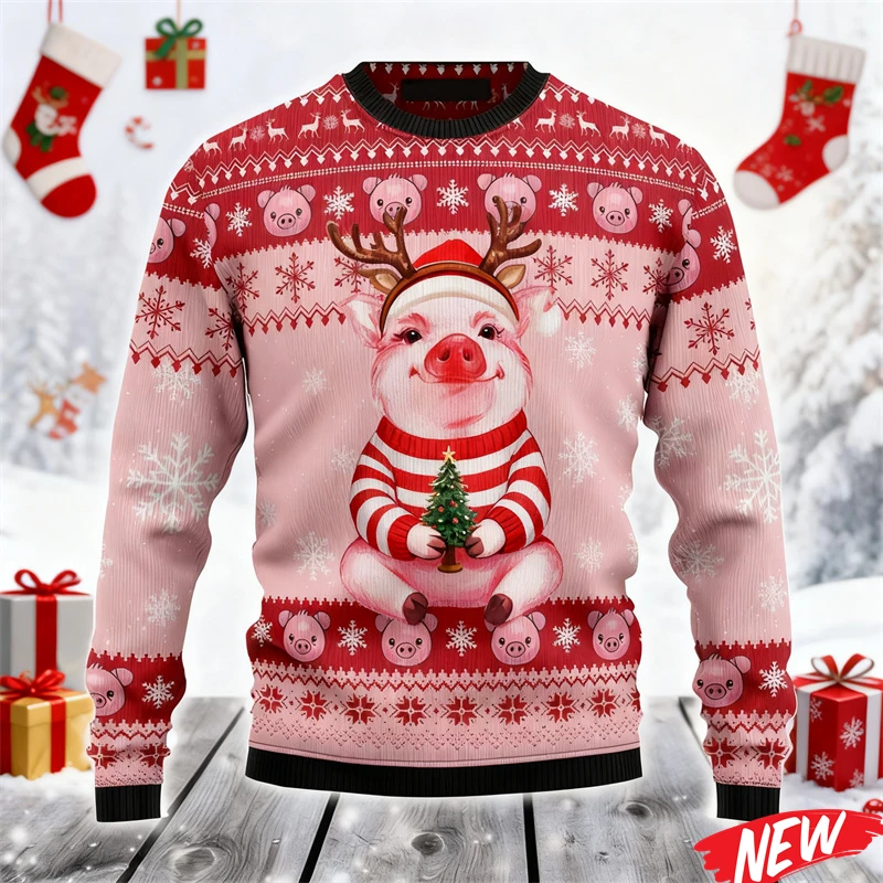 

2026 Ugly Christmas Sweater For Men Cute Animal Pig Pattern Oversized Sweatshirt Family New Year Holiday Round Neck Hoodie