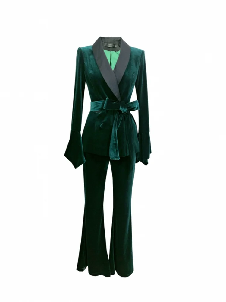 Autumn New Office Ladies Double Breasted Belt Blazer Coat Flare Pants Two Piece Work Set Elegant Women Slim Fit Velvet Suit Sets