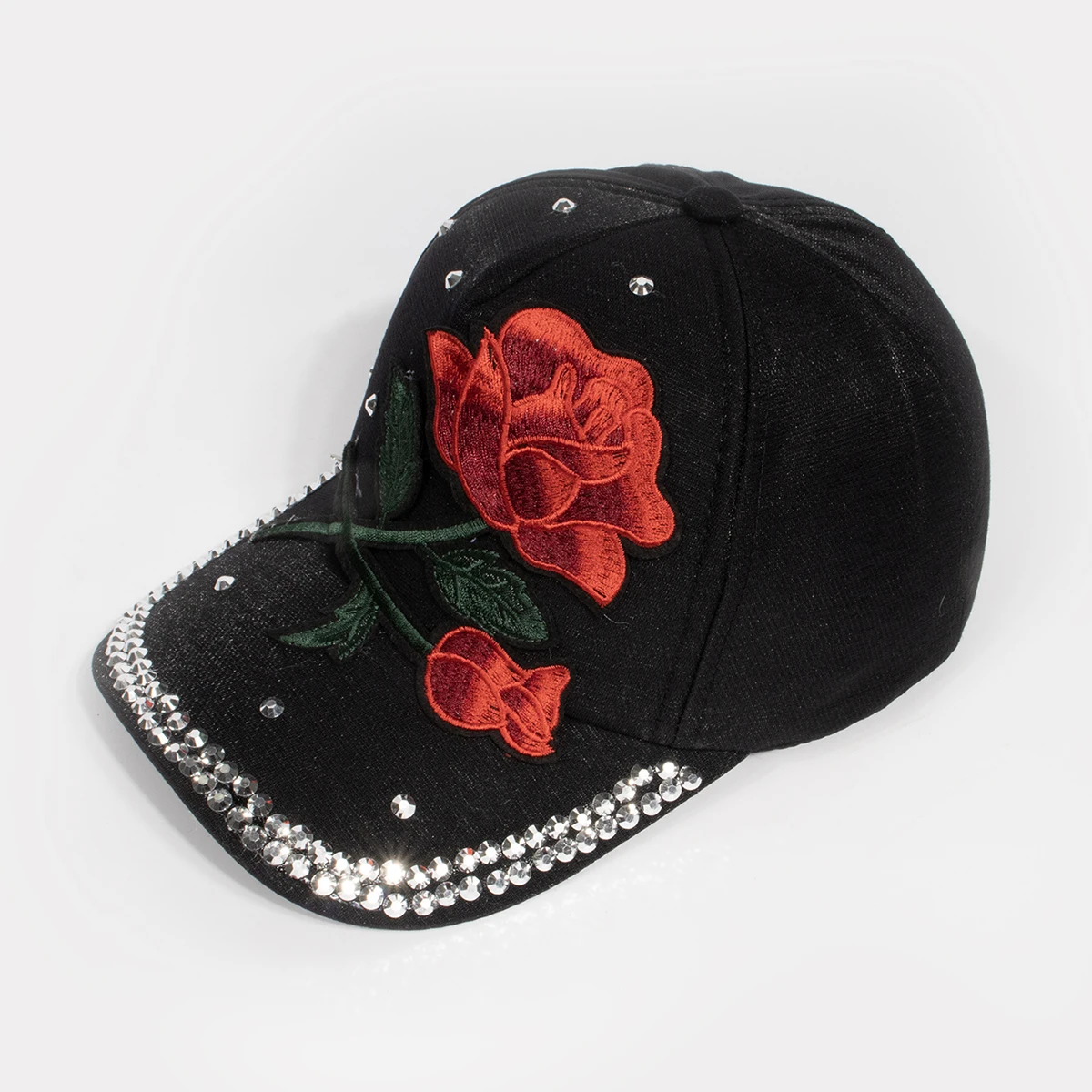 Damen Vintage Baseballkappe mit Großer Rosen-Dekoration Strass-Verzierung Modische Mütze Elegante Rosenblüten-Krone Kopfbedeckung Caps – Detail 18