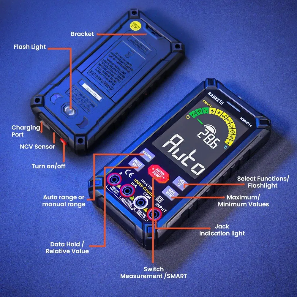 Kaiweets km601s Digital multimeter zählt True-RMS-Meter Smart-Modus manueller Modus wiederauf ladbare Batterie Taschenlampe Auto-Lock