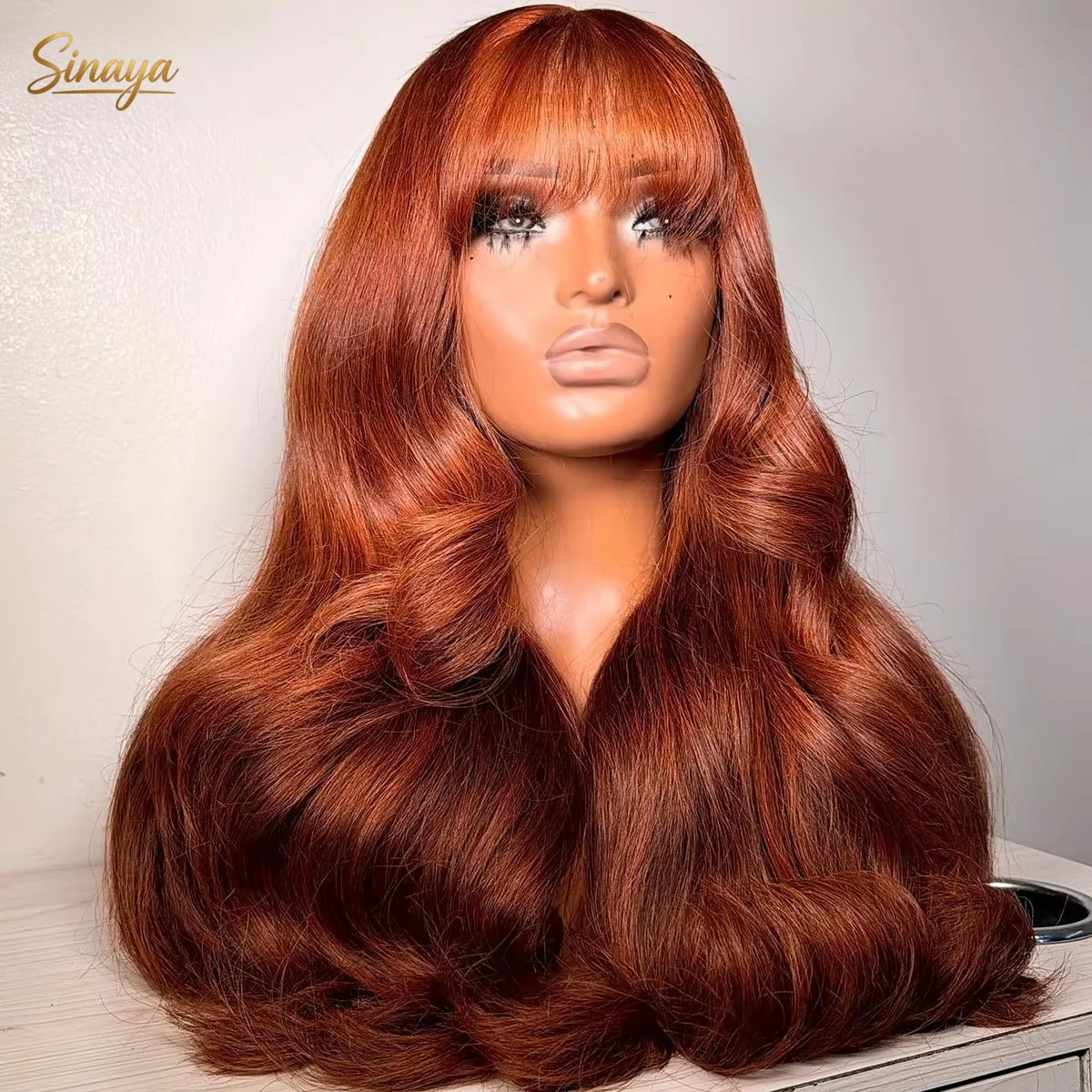 Ginger Wig With Bangs Long Curly Wavy Copper Auburn Wig Middle Part Synthetic Heat Resistant Fiber Halloween Cosplay Costume