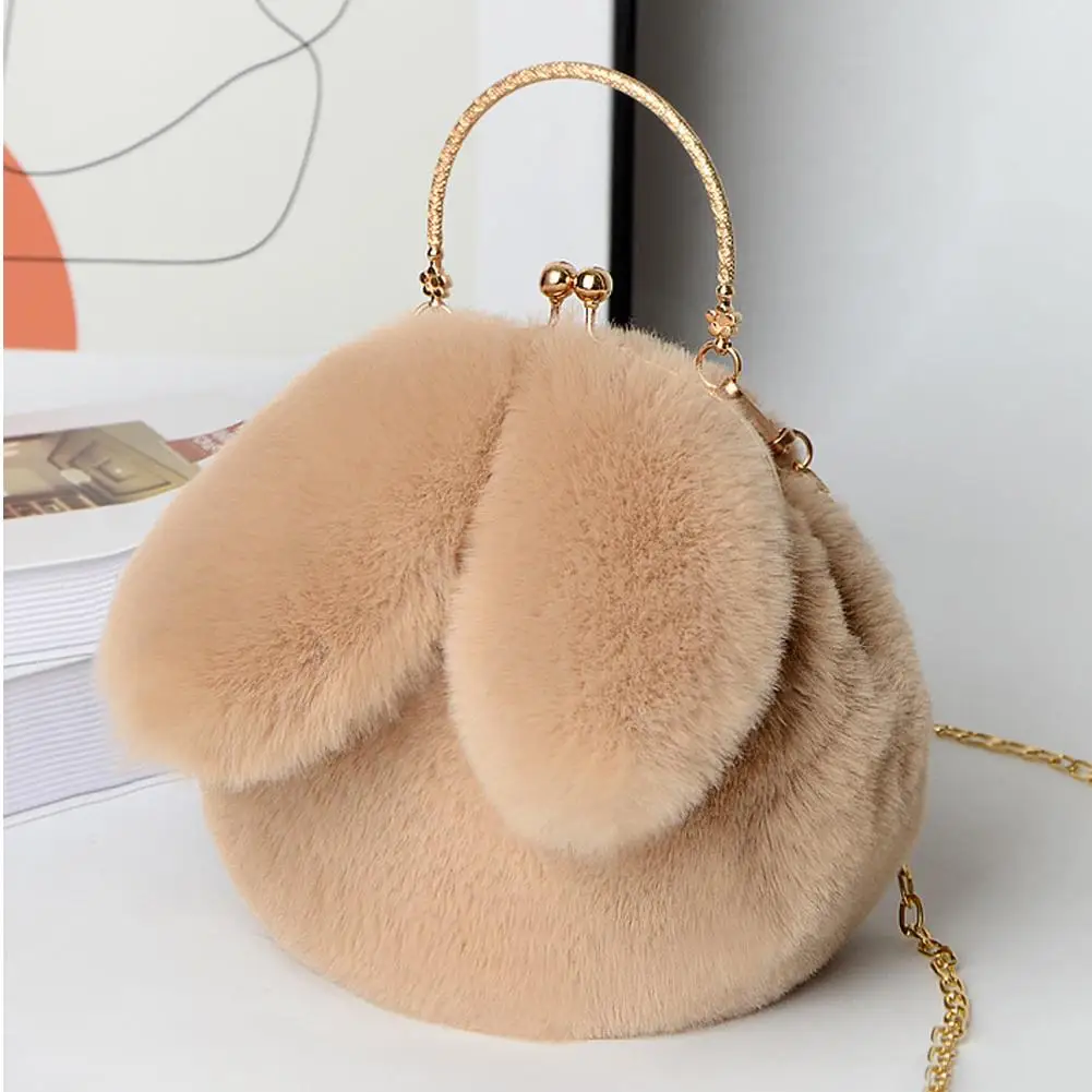 Rabbit Ear Pattern Cross Body Bag With Chain Fur Shoulder Bag Fluffy Crossbody Bags For Women Winter Faux Furry Handbag