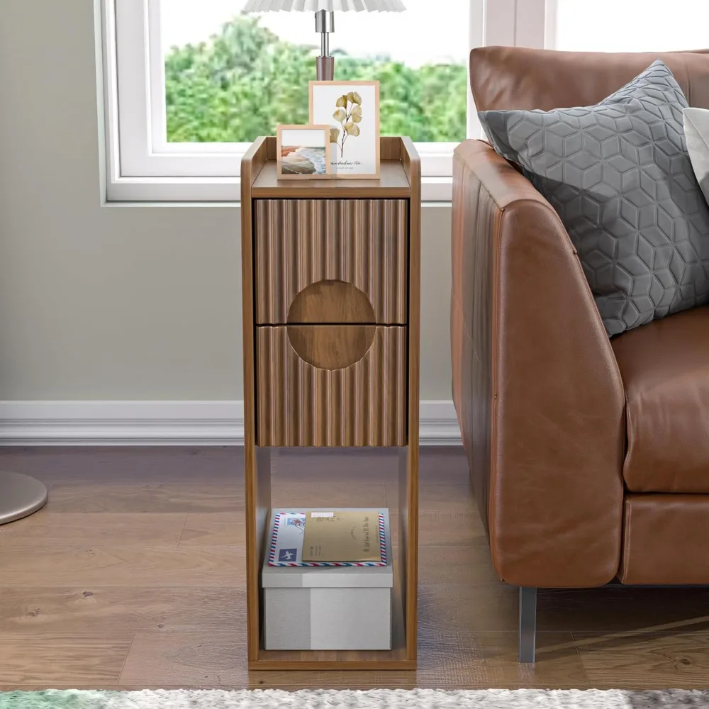 مجموعة منضدة ضيقة مخددة مكونة من 2، منضدة خشبية صغيرة ذات درجين، طاولة جانبية رفيعة، طاولة بجانب السرير عتيقة، مود منتصف القرن #5