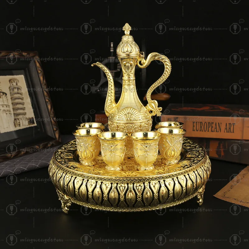 European Court Style 8-Piece Metal Wine Set, Retro Flask & Goblets, Russian Style Home Decor & Gift