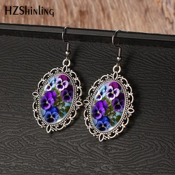 2024 New Pansy Flowers Vintage Dangle Earring Fish Hook Earrings Oval Glass Dome Jewelry Gift Girls