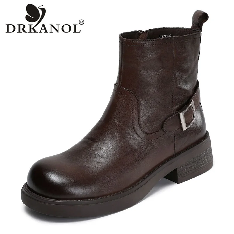 DRKANOL Autumn Winter Warm Ankle Boots For Women Genuine Cow Leather Mid Thick Heel Fashion Casual Commuting Short Boots Lady