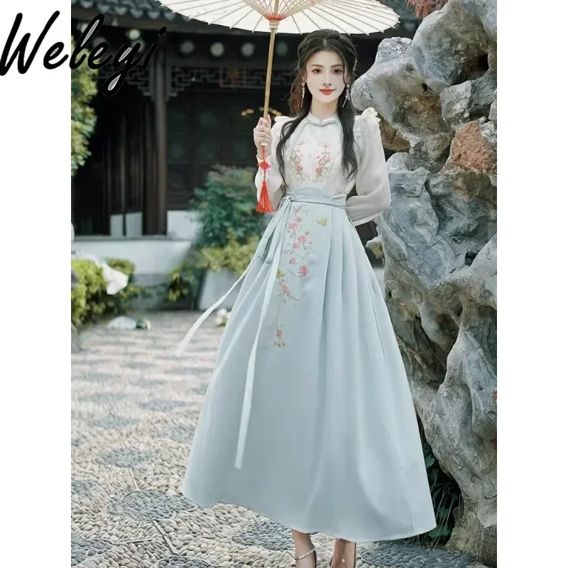 Retro Hanfu Long Puff Sleeve Embroidered Top 2024 Fall Women's New Chinese Style Horse Face Improved Skirt Sets 2 Pieces Suit