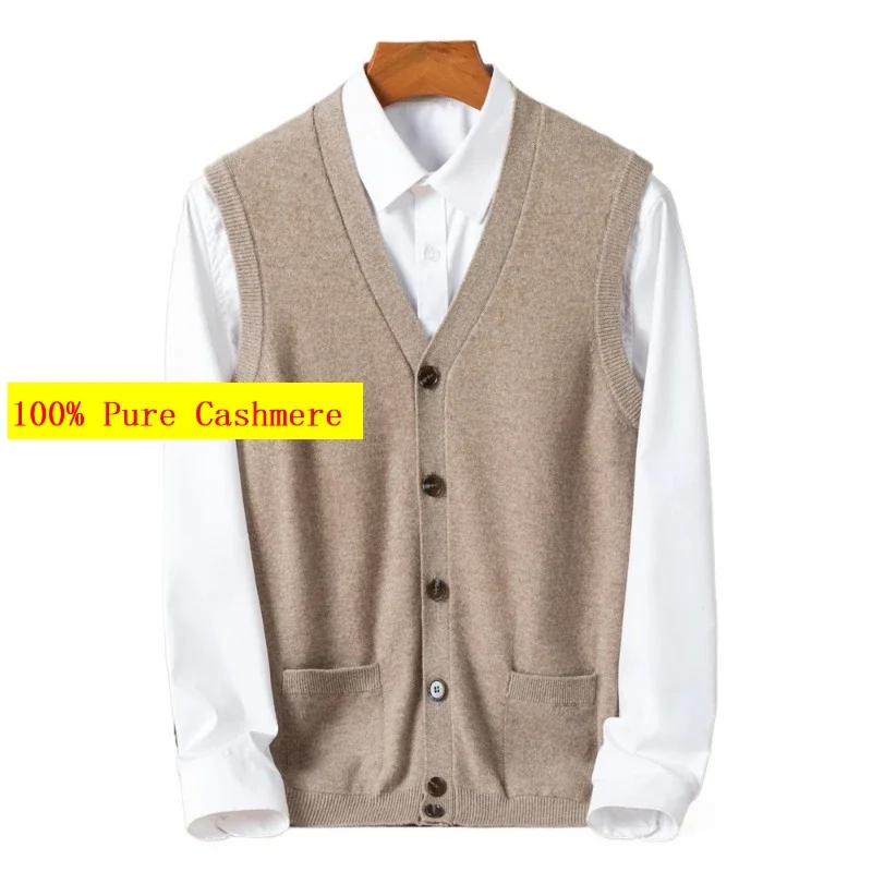 New Arrival Spring Autumn 100% Cashmere Men, Middle-aged and Young, V-neck, Solid Color Knitted Vest,plus Size SMLXL2XL3XL4XL