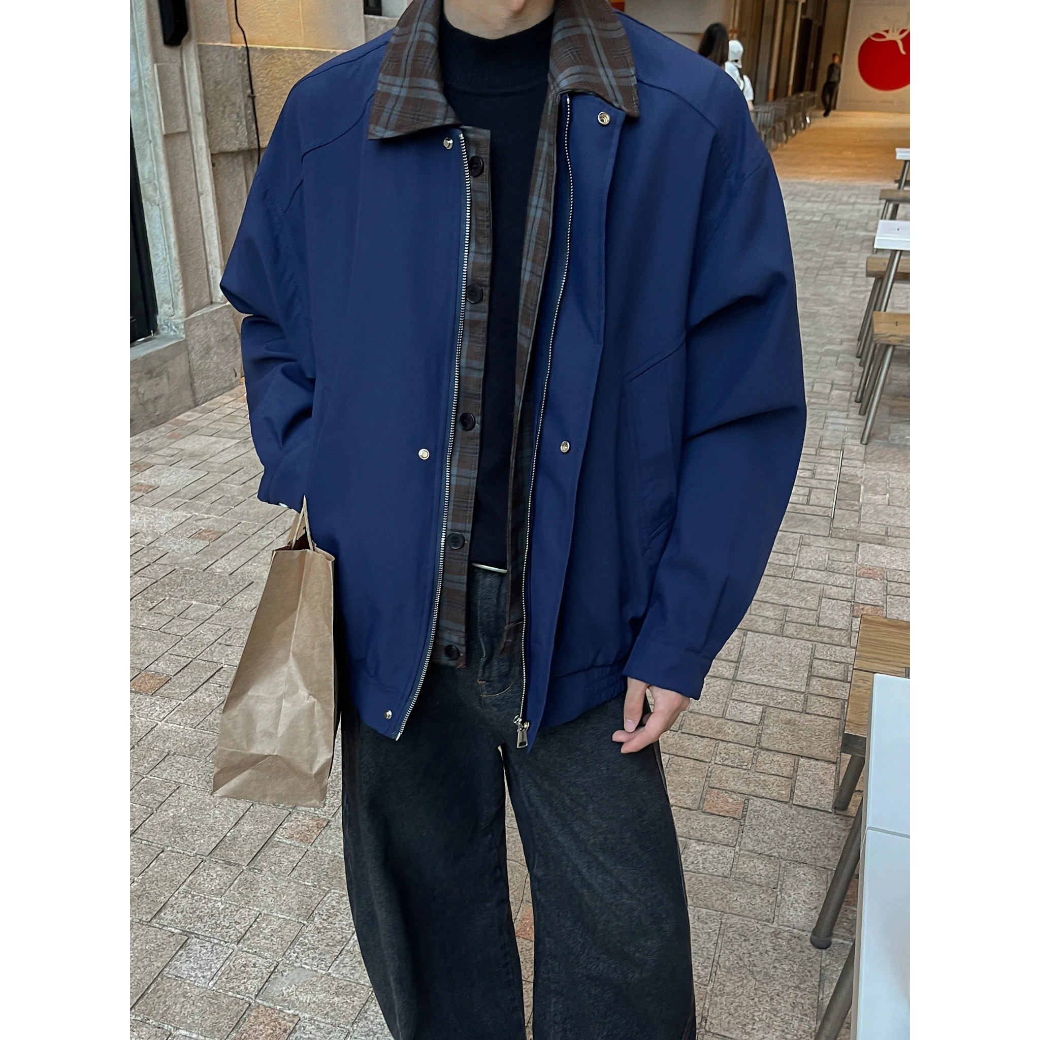 

​​The Plaid-Trim Bomber | Men's Plus-Size Maillard Shacket for Urban Layering M-5XL High-quality Men's Spring and Autumn Jacket