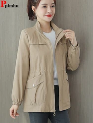 Korean Women Trench Coats Casual Lapel Drawstring Windbreake Spring Loose Gabardina Khaki Mid-length Jacket Big Size 4xl Abrigos