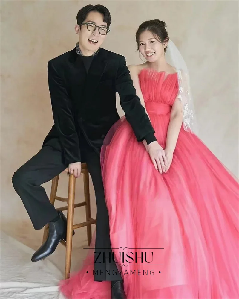 Fairy Tulle Korea Evening Dresses Scalloped Photo shoot Korea Wedding Party Dress Customized Rose Pink Bride Dresses