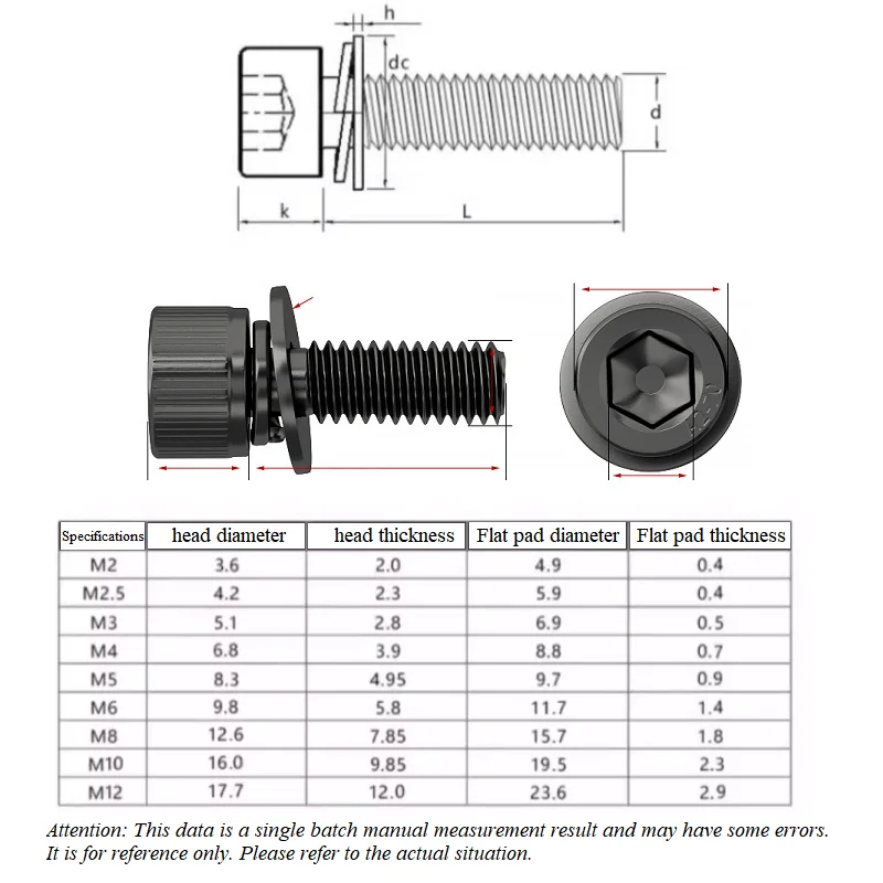 304 Stainless Steel Cup Head Hex Three Combination Screw Cylindrical With Flat Washer Screw Combination Bolt M2 M2.5 M3 M4M5M6M8