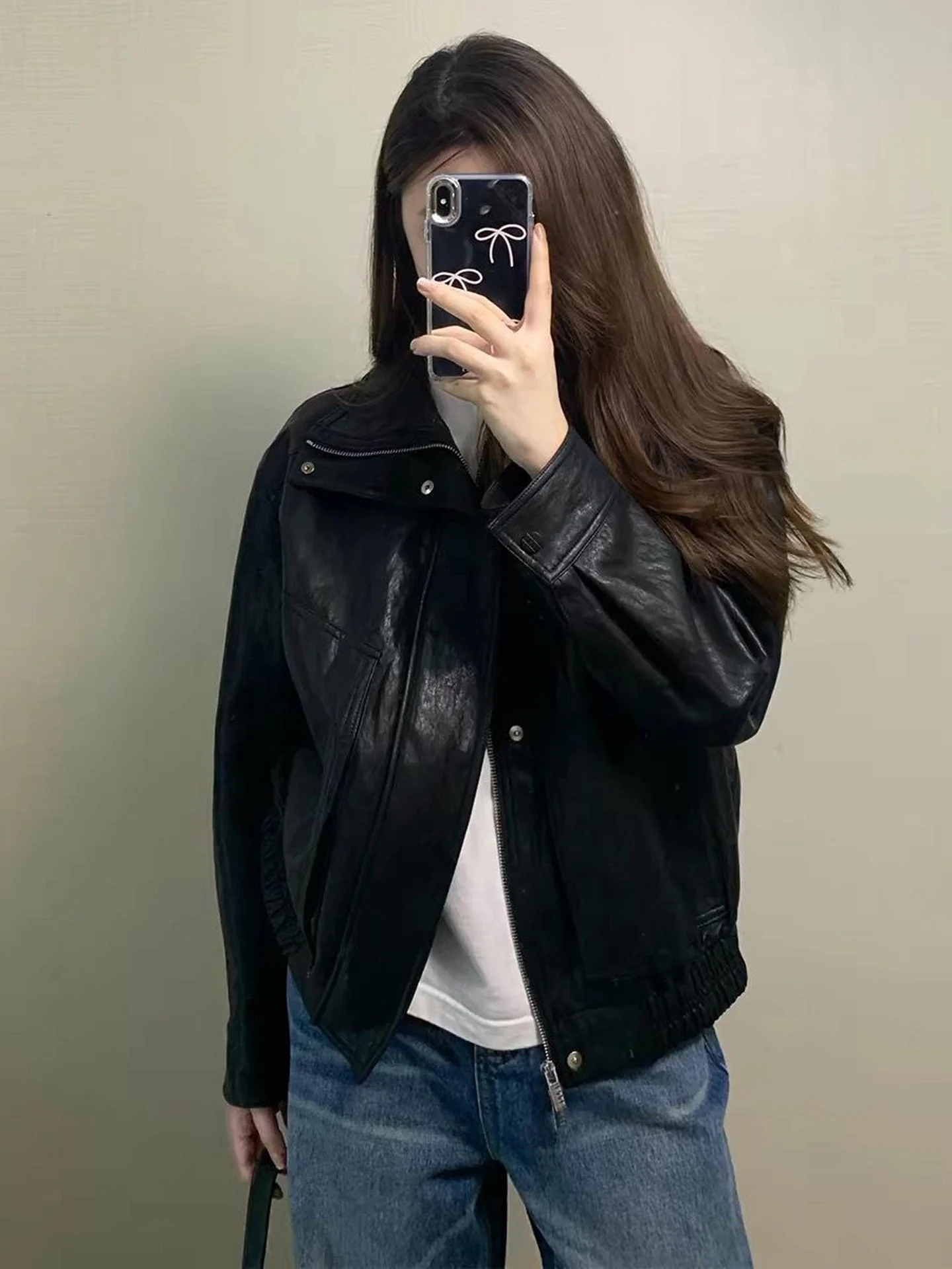Black Leather Jacket Women's Autumn New Style Trendy Miniature Cool Wind High-End Feeling Button Zipper PU Leather Long Sleeve