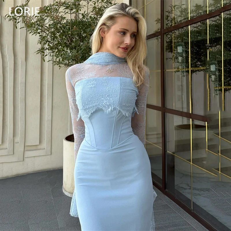 LORIE Transparent Lace Party Dresses Mermaid High Neck Full Sleeve Pleat Evening Prom Dress Floor-Length Prom Gowns Customized