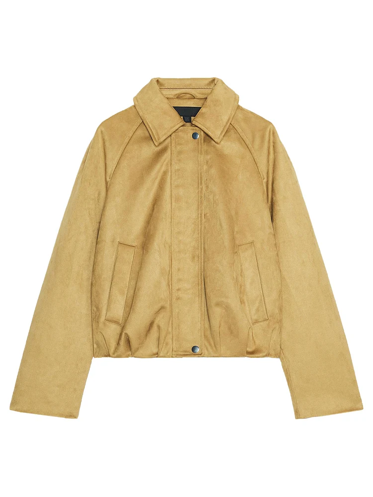 عارضة Sle المرأة الطيار Jaet ort طول فو الجلد المدبوغ تأثير الربيع 2026 Faion الاتجاه فضفاضة تناسب طويلة Sve زر إغلاق