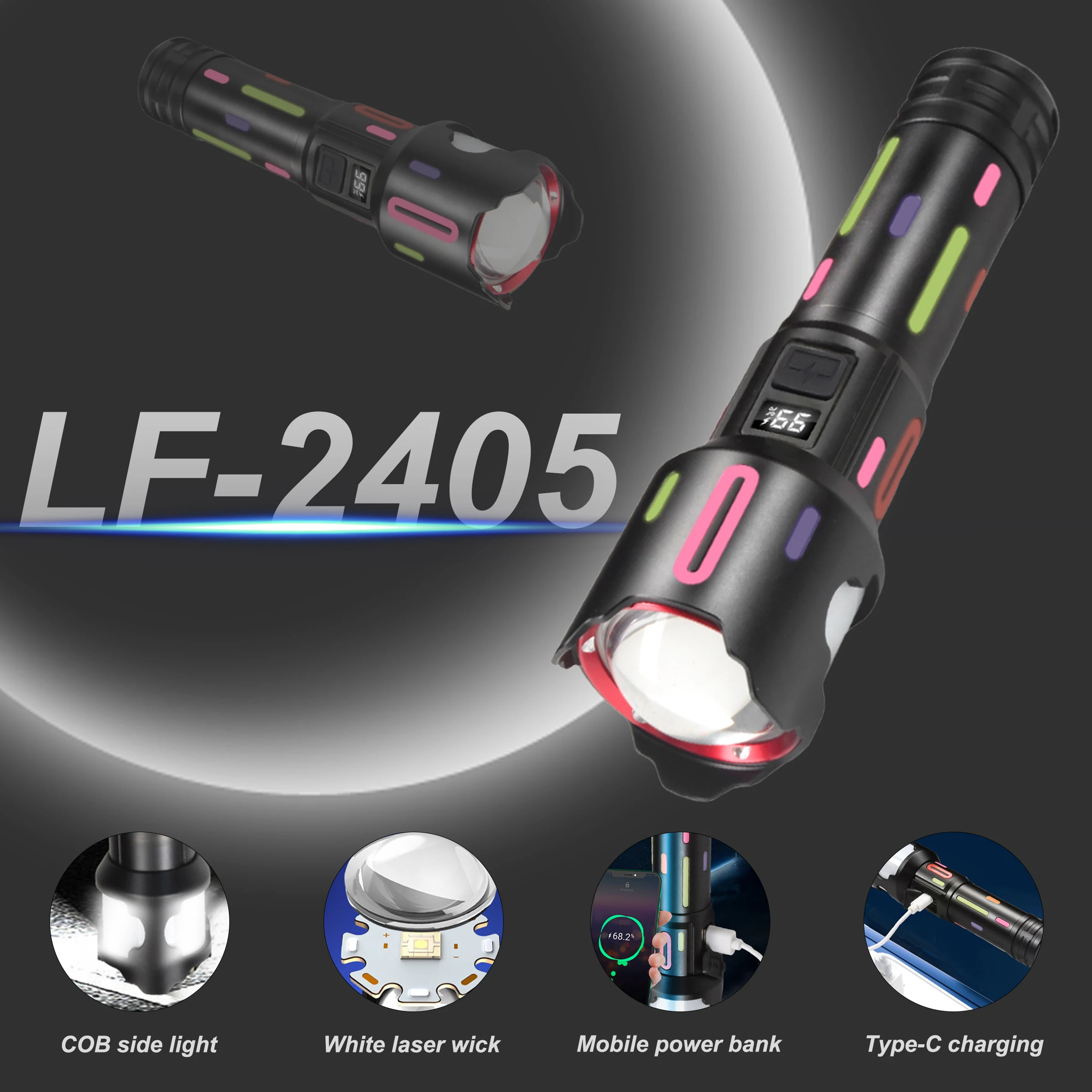 Torcia fluorescente ricaricabile, con ricarica di tipo C, impermeabile IP65, batteria 26650