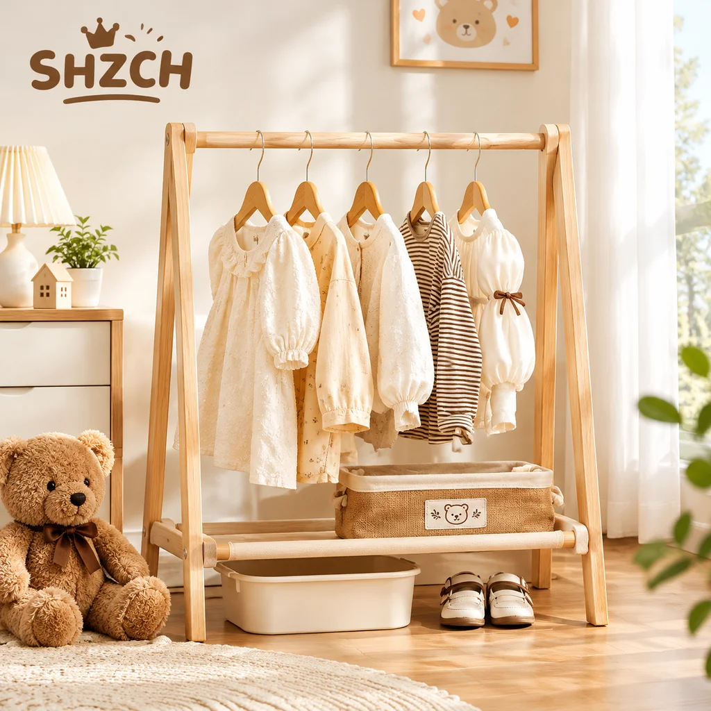 Kids Solid Wood Folding Clothes Rack Simplistic Design Effective Coat Hanging Solution with Landing Rod Adaptable Use Stylish