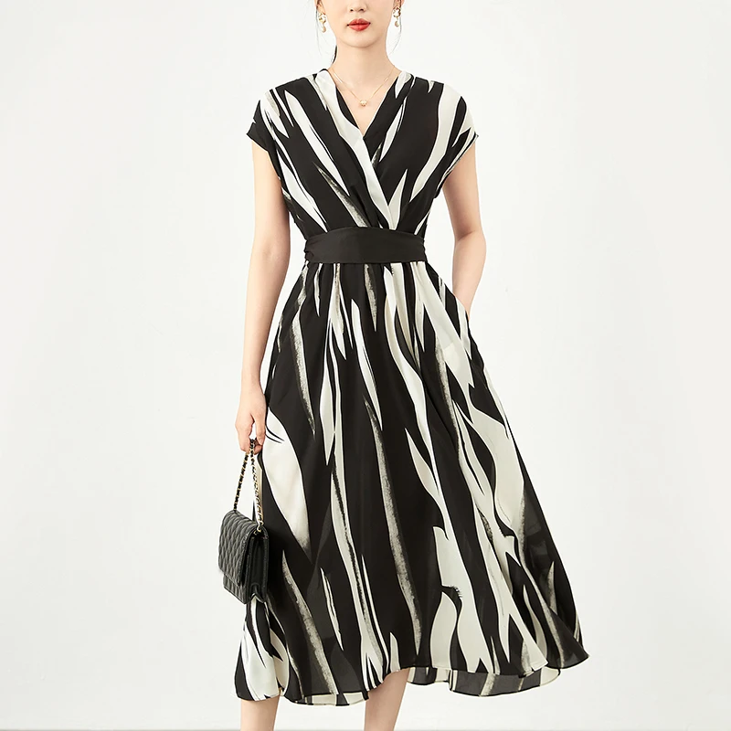 

Chiffon Dresses For Women 2024 Summer Elegant V-neck Short Sleeve High Waist Women's Fashion Print Dress A-line Woman Long Dress