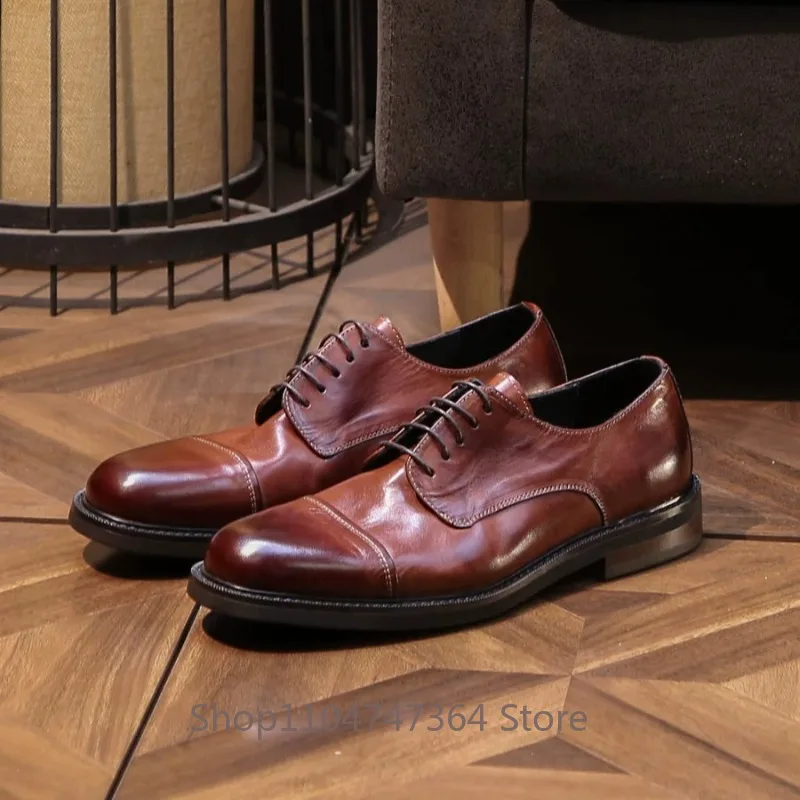 Italian Business Style Genuine Leather Derby Shoes Men's Trendy Round Toe Lace Up Washed Handmade Casual Leather Shoes Male