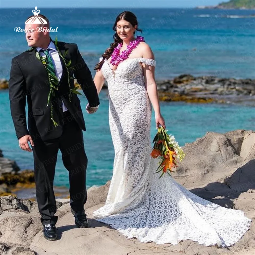 Vestido de novia de sirena con hombros descubiertos, traje de encaje personalizado de talla grande con tren de barrido, vestidos de novia Civil