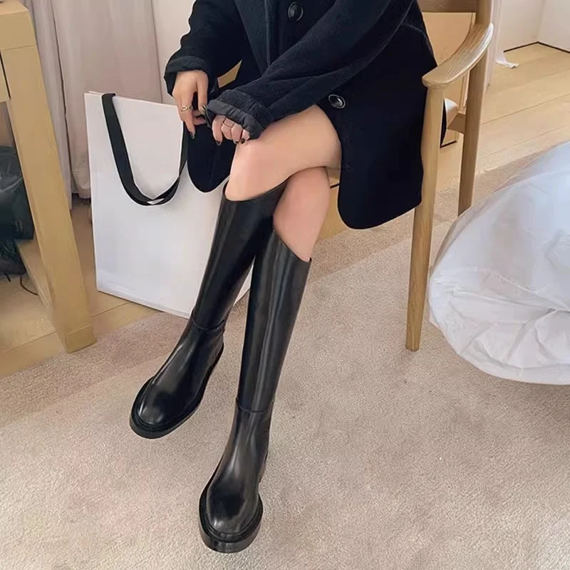 Black Patent Leather Botas Largas De Mujer Knee-High Long Boots For Women Round Toe Chunky Heel Tacones Bevel Autumn Winter 2024