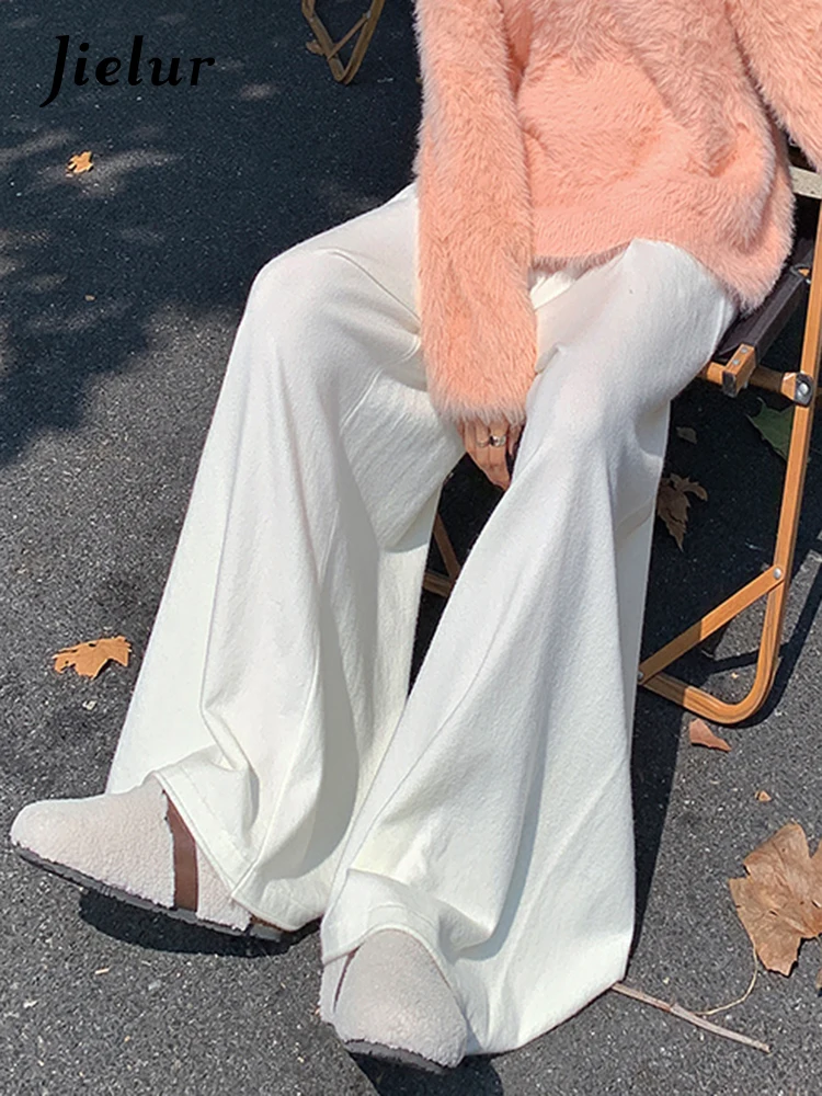 

Classic Solid Color Simple Office Ladies Casual Women Pants Autumn Fashion Full Length Knitted Soft White Female Wide Leg Pants