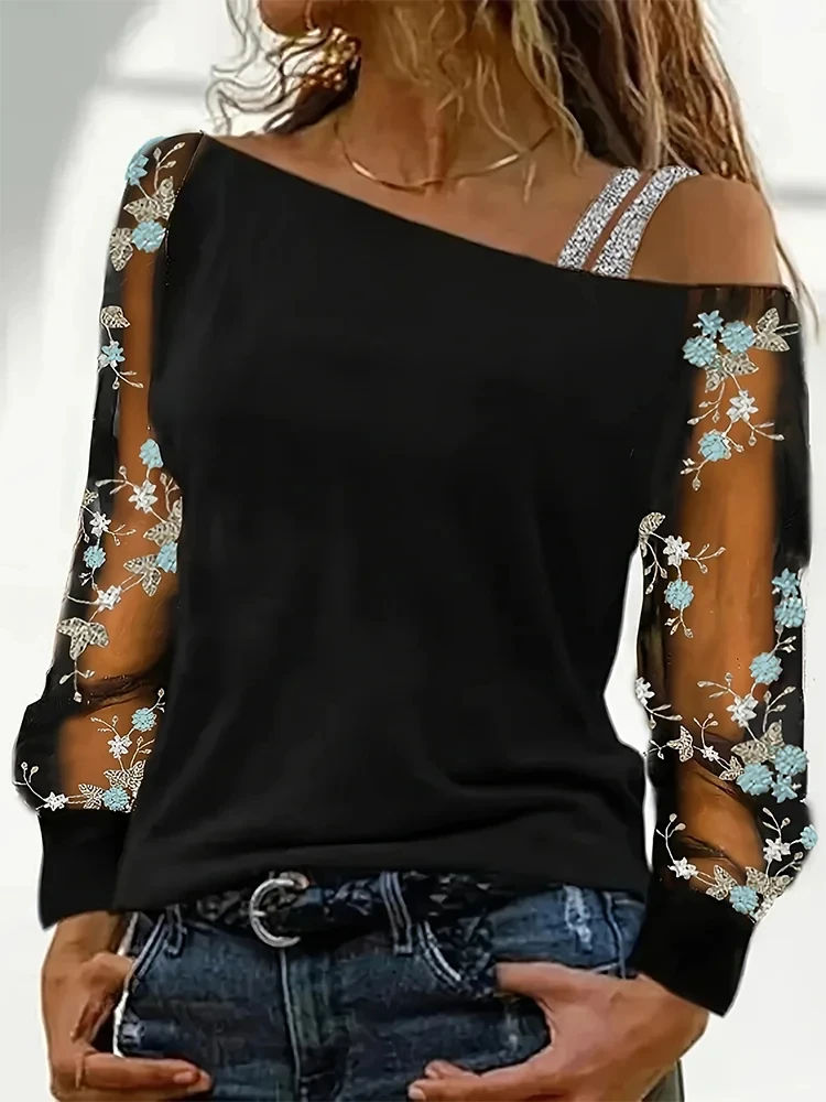 New Irregular Slanted Shoulder Mesh Sexy Off Shoulder T-shirt Fashion One Piece Collar Casual Loose Embroidered Long Sleeve