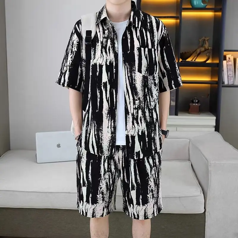 

Youth Ink Silk Casual New Chinese Style Men's Suit Summer Shirt Loose Short Sleeve Shorts Two Piece Set