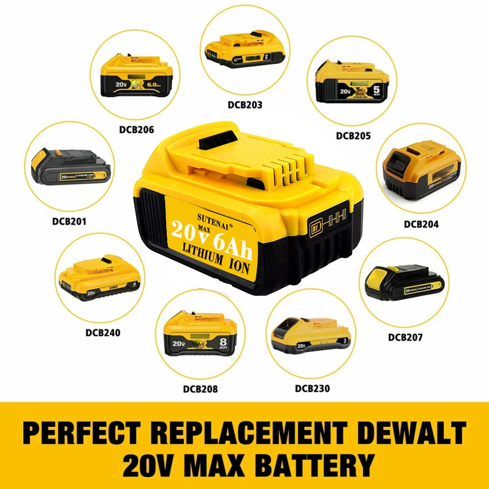 Dewalt 18V DCB184 용 2023 업그레이드 배터리, DCB200, DCB182, DCB180, DCB181, DCB182, DCB201 도구용 충전기, DCB200, 20V, 6000mAh 배터리