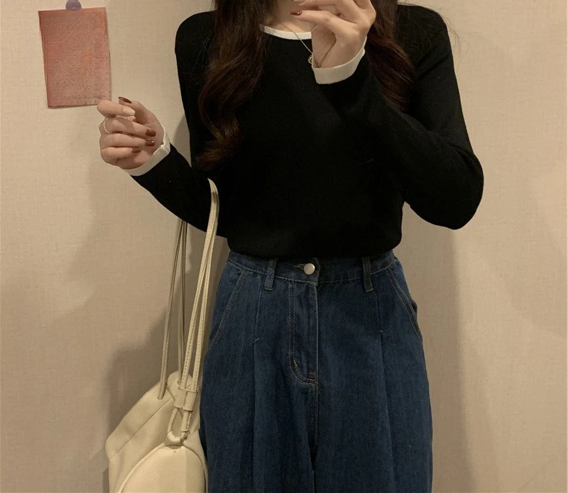 2025 قاعدة تي شيرت المرأة الخريف جديد طويل الأكمام المتخصصة تصميم سليم صالح جولة الرقبة قصيرة رقيقة أعلى #4