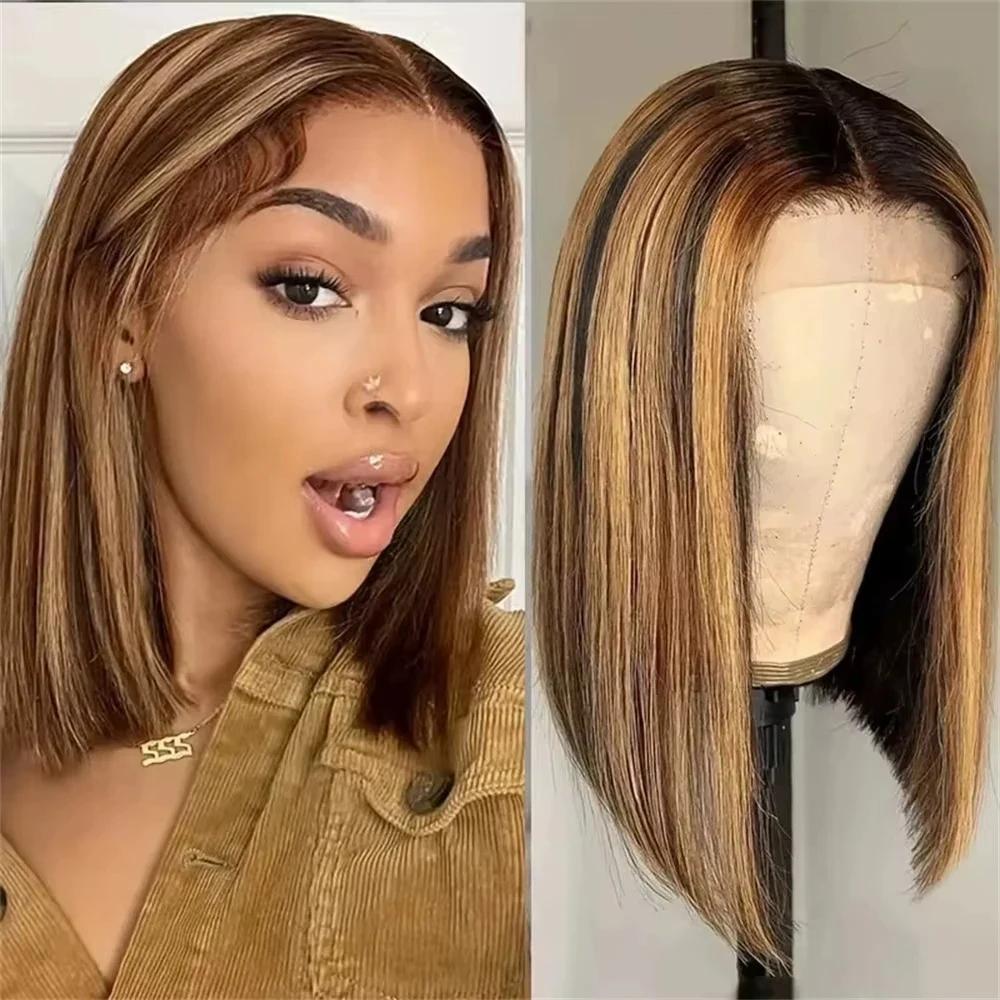 100% Human Hair Highlight Bob Wig Human Hair Straight 13x4 HD Transparent Lace Front Wigs 4/27 Colored Short Bob Wigs For Women