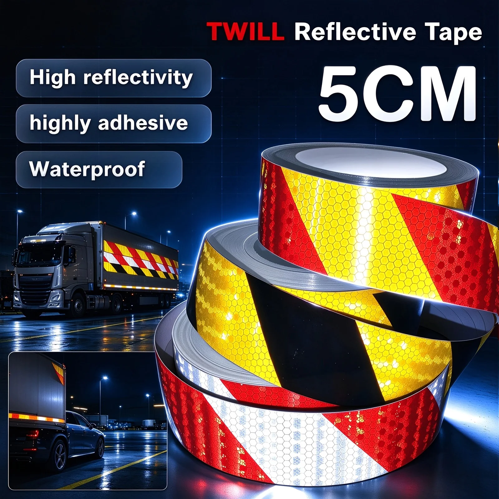 “Warning Mark 5CM”x1.9/5.9M Twill Lattice Reflective Tape Sticker Safety Automatic Waterproof Printing Vehicle Truck Industrial