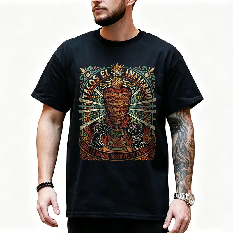 Humans kneeling before Mexican Street Food Graphic T Shirt 0912 Retro Dark Humor Mexican Culture Halloween Alternative Art Tee