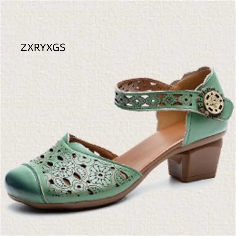 

ZXRYXGS Cassic Retro Round Toe Summer Women Sandals 2023 Hollow Premium Genuine Leather Sandals Fashion Elegant Banquet Sandals