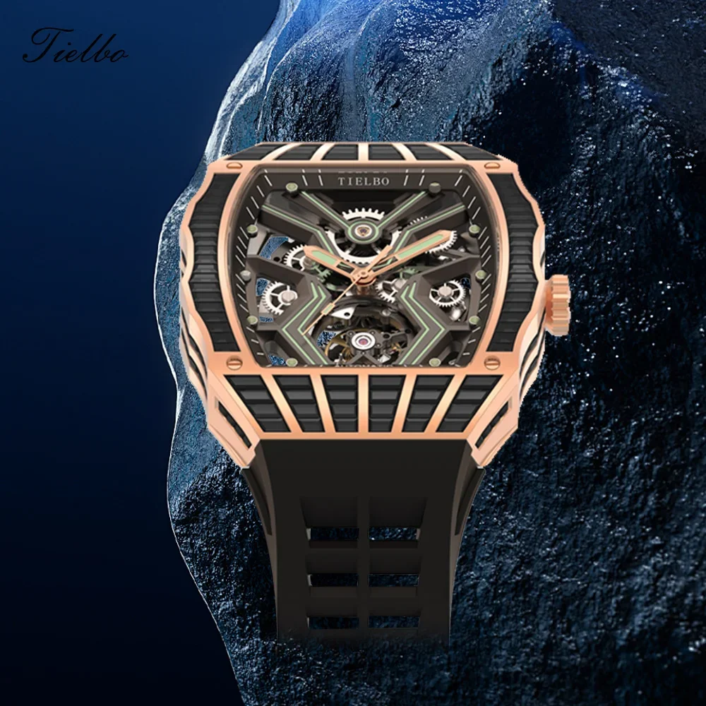 TIELBO Luxury Crystal Automatic Mechanical Watches for Men Skeleton Sapphire Man Wrist Watch Waterproof Diamonds watch Luminous