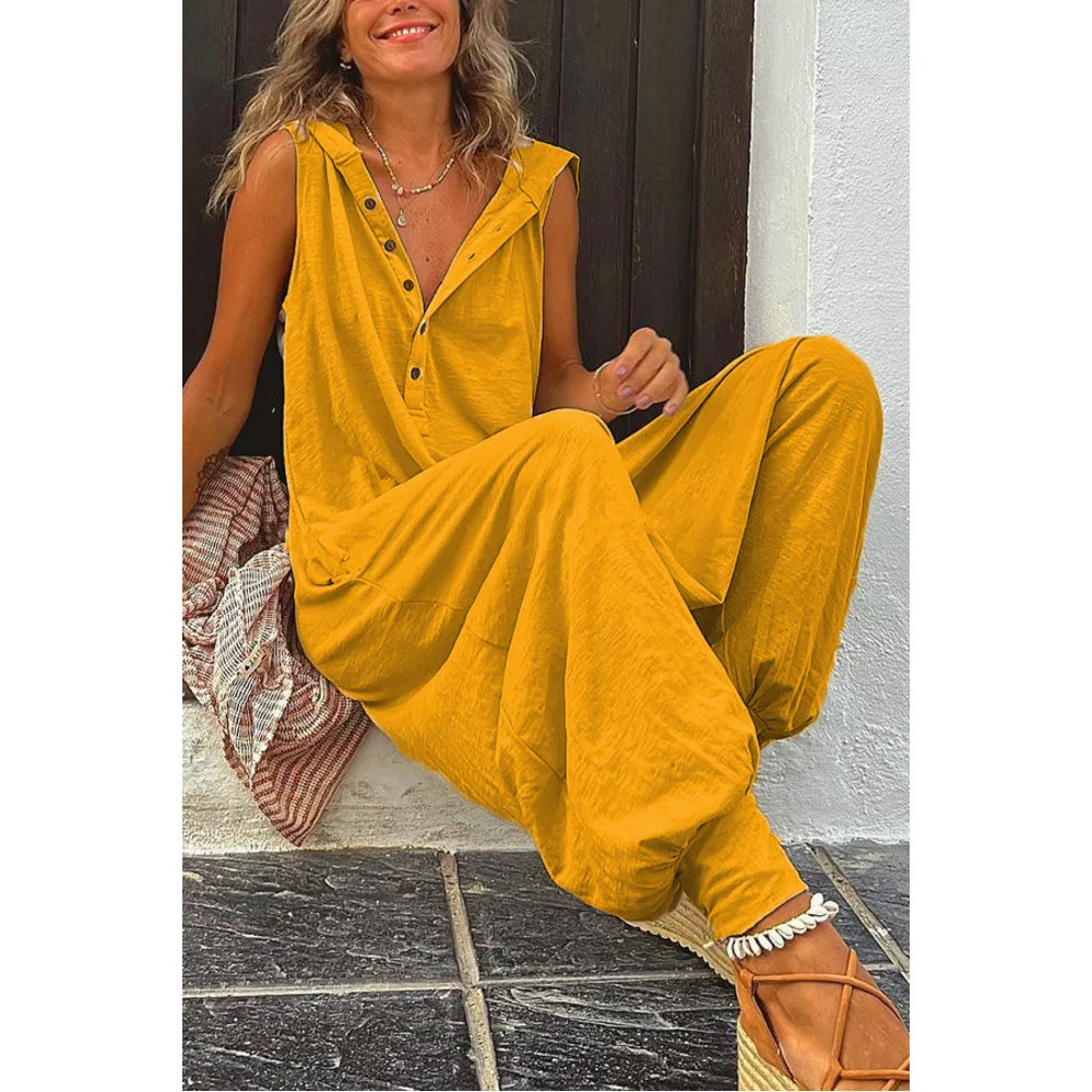 Trendy Womens Fashion Button Detail Hooded Sleeveless Jumpsuit Wide Leg Palazzo Pants Overalls Casual Streetwear Outfit