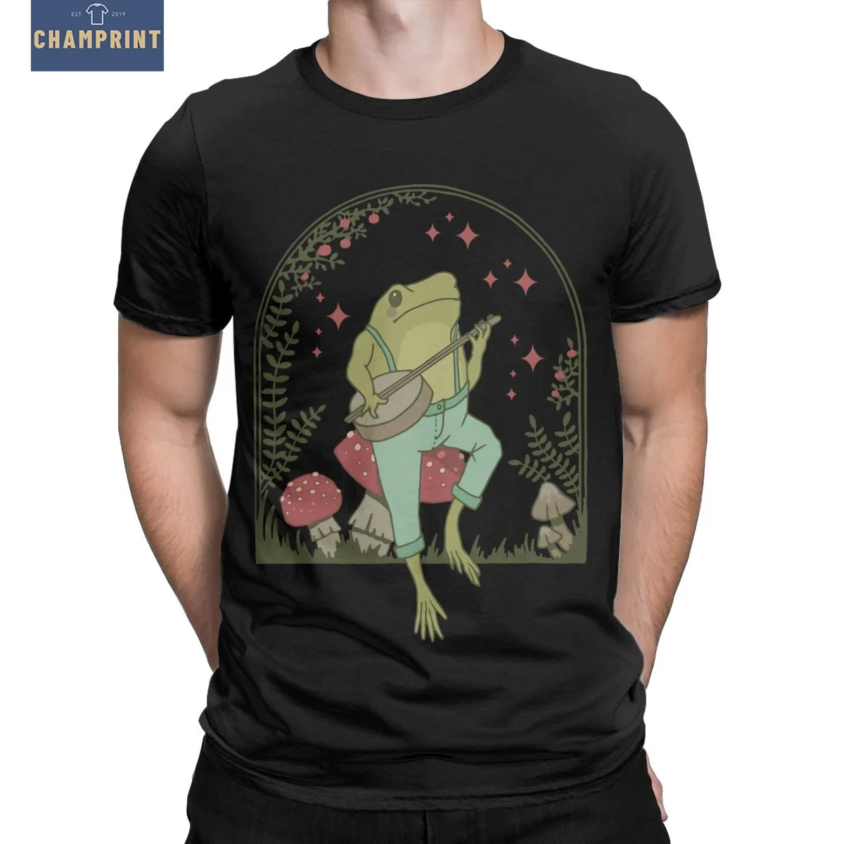 Men T-Shirts Cute Cottagecore Aesthetic Frog Sitting On Toadstool Vintage Cotton Tees Short Sleeve T Shirt Tops Gift Idea