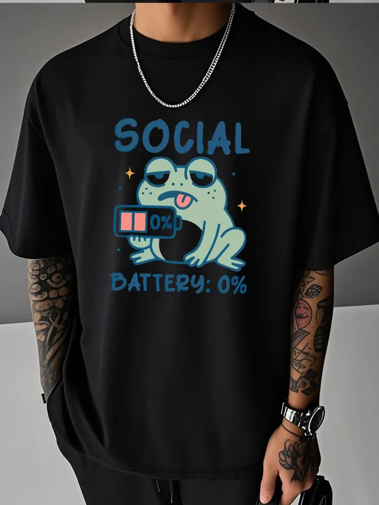 Men Summer Crew Neck T Shirt Social Battery 0 Percent Lazy Frog Cartoon Graphic Loose Short Sleeve Casual Streetwear Daily Tops