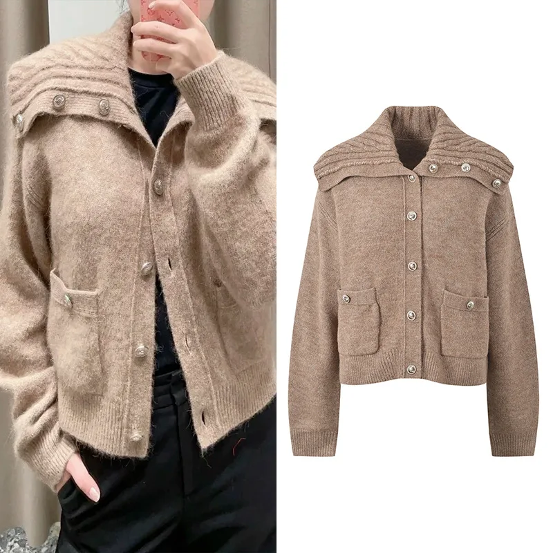 

High-End Version ort Knitted Navy Collar Casual Faion Women's Outerwear Camel Colored Open Cardigan Top for Autumn Winter