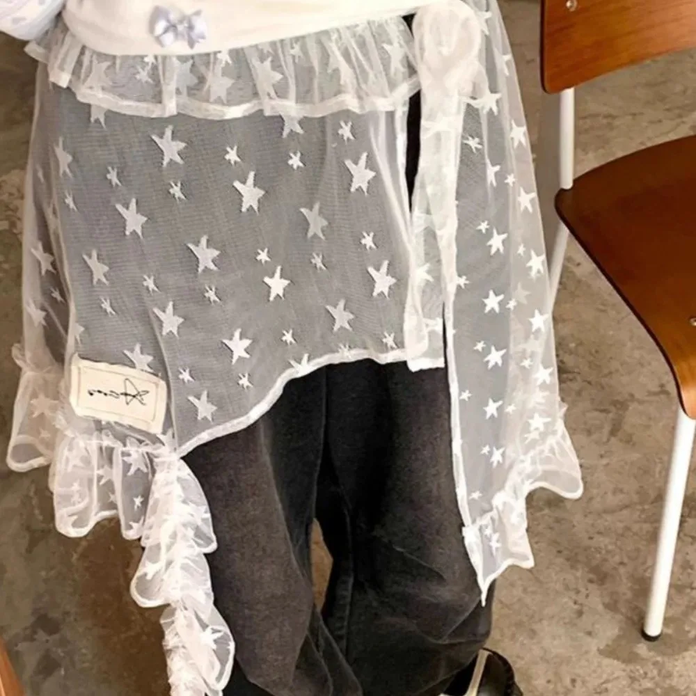 Mini saia de renda estrela macia estilo japonês saia de gaze irregular cintura alta rendas babados borda saia feminina